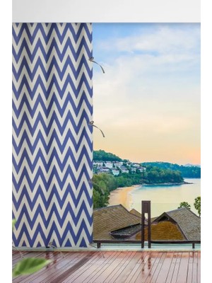 Taç Mavi Beyaz Zikzak Desenli Su Geçirmez Kornişli Bağcıklı Lüks Balkon Perdesi Branda
