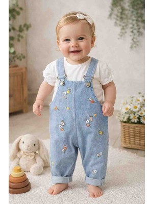 Uçurtma Baby Kids Babybuu Çiçek Nakışlı Kot Kız Bebek Bayramlık Salopet Bahçıvan Takımı