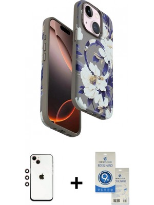 Marsilyan™- iPhone 14 Kılıf Siluet Doku - Şeffaf Royal Nano Ekran Koruyucu + Gökkuşağı Shine Kamera Lens