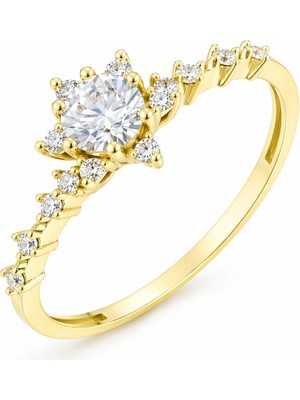 Ethem Gold 14 Ayar Lotus Taşlı Tektaş Sarı Altın Yüzük