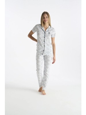U.s. Polo Assn. 20237 Kadın Ekru Kısa Kollu Gömlek Yaka Önden Düğmeli Pijama Takımı
