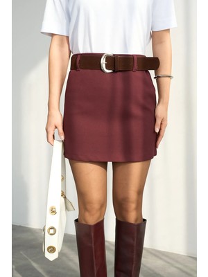 Hiccup Kadınlar Qu Style Kemerli Yüksek Bel Mini Etek Bordo Kırmızı