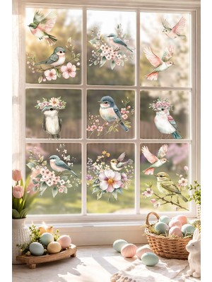 Msticker Bahar Kuşları Cam Sticker Seti – Çiçekli Uçan Kuş Duvar Sticker – Çift Taraflı Cam Süsü - Cam Dekor