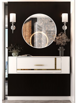 Demonte Decor D7049DD-128 Duvara Monte Tek Kapaklı Pleksili Dresuar Beyaz-Altın