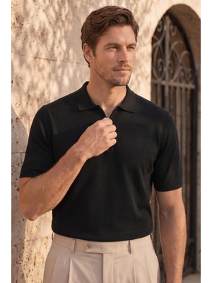 Valiberta Linus Fermuarlı Polo Yaka Kısa Kollu Ince Triko Erkek T-Shirt - Siyah