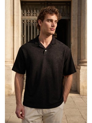 Valiberta Aretus Şönil Kumaş Regular Fit Tek Düğmeli Polo Yaka Erkek T-Shirt - Siyah
