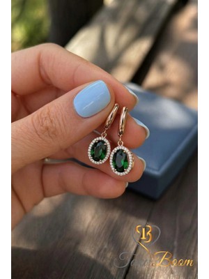 Tb Takı Boom, Zümrüt Taşlı Kadın Küpe, Yeşil Taşlı Sallantılı Küpe, Oval Gümüş Küpe, Rose Gold Kaplama