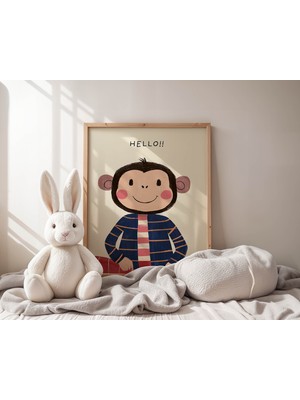 Pegziz Çocuk Odası Maymun Temalı Duvar Tablosu Doğal Ahşap Çerçeveli Duvar Tablosu