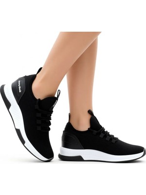 Tonny Black Unisex Siyah Beyaz Nefes Alabilen Kumaş Poli Taban Bağcıklı Spor Ayakkabı Düz Taban