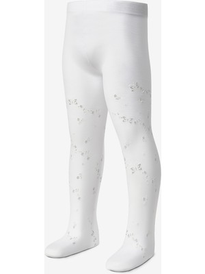 Le Mabelle Beyaz Kelebek ve Çiçek Desenli Kız Çocuk Külotlu Çorap