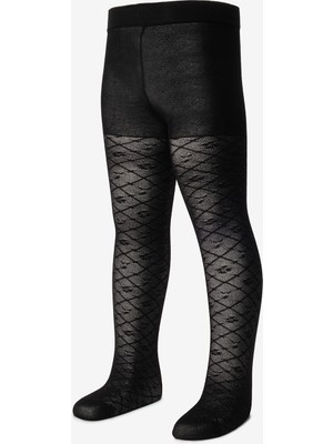 Le Mabelle Siyah Çiçekli Ajur Desenli Kız Çocuk Külotlu Çorap