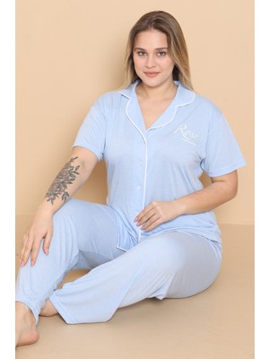 Wordex Mrn 4400 Polyviscon Kumaş Kısa Kollu Düğmeli Büyük Beden Kadın Pijama Takımı