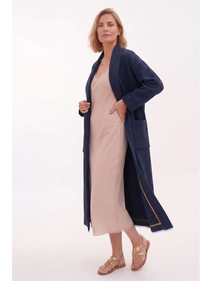 Deriderim Lacivert Şal Yaka Uzun Dokulu Kaftan