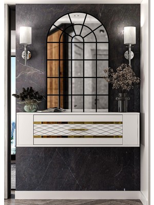 Demonte Decor D7050DD-128 Duvara Monte Tek Kapaklı Pleksili Dresuar Beyaz-Altın
