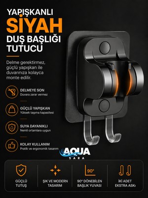 Aqua Sara Siyah Yapışkanlı Duş Başlığı Tutucu , Ayarlanabilir Su Geçirmez Yapışkanlı Mafsal Chrome Tepe Duş Sistemleri