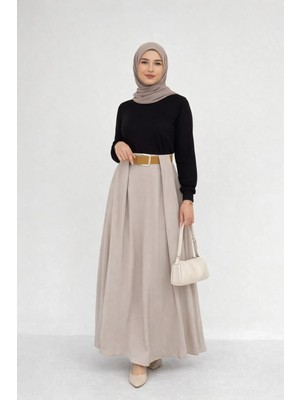 Win Moda Tesettür Etek-Pileden Kemerli / Dokulu Kumaş Maxi Boy Etek