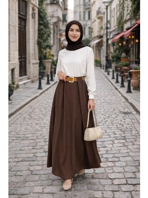 Win Moda Tesettür Etek-Pileden Kemerli / Dokulu Kumaş Maxi Boy Etek