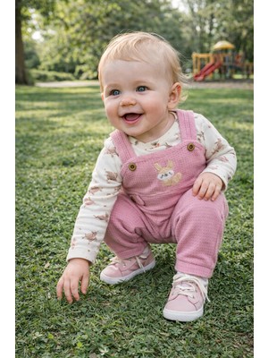 Atlas Baby House Kız Bebek Tavşan Desenli Waffle Kumaş Baskılı Uzun Kollu Salopet Tulum Takım