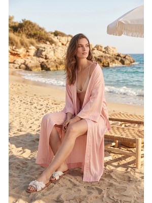 Deriderim Lavin Toz Pembe Maxi Şifon Elbise Plaj Kaftan