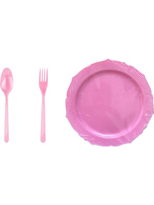 Omeyva 26 Cm. Plastik Mika Pembe Sorfa Piknik Seti - 24 Kişilik Tabak Çatal Kaşık Takımı