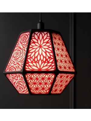 3D Baskı Zamanı Japon Tarzı Geometrik Avize - Art Deco Desenli Sarkıt Lamba - Estetik Kırmızı Siyah Aydınlatma