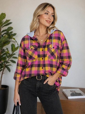 Mamayaga Kadın Desenli Renkli Oduncu Oversize Bol ve Geniş Kalıp Casual Çift Kapüşonlu Ceket Gömlek