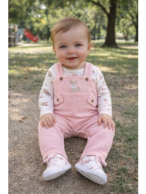 Atlas Baby House Kız Bebek Tavşan Desenli Waffle Kumaş Baskılı Uzun Kollu Salopet Tulum Takım