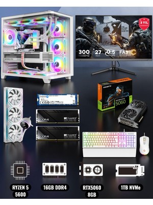 Efs Ryzen 5 5600 16GB Ddr4 Ram 1tb Nvme 5060 Ekran Kartlı 360MM Sıvı Soğutmalı 27 Inç Monitörlü Klavyeli Gaming Pc
