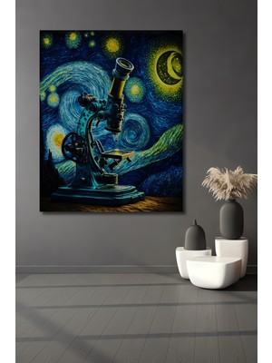 Özgürce Yıldızlı Gece Mikroskop Temalı Ahşap Dekoratif Dikdörtgen Tablo