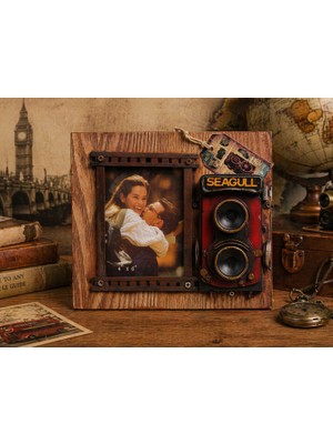 Teknohediyem Vintage Fotoğraf Makinesi Temalı Dekoratif Çerçeve – El Yapımı Ahşap & Metal Eskitme Duvar Dekoru 24X20 cm