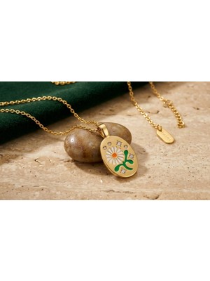 Dushico Parıltılı Taşlı Papatya Madalyon Çelik Kolye