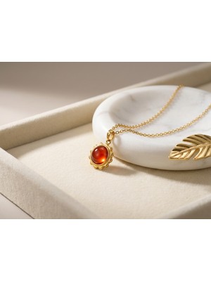 Dushico Kehribar Renk Vintage Zincir Çelik Kolye