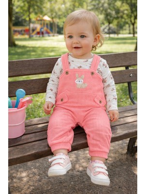 Atlas Baby House Kız Bebek Tavşan Desenli Waffle Kumaş Baskılı Uzun Kollu Salopet Tulum Takım