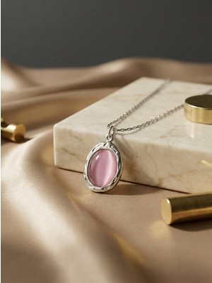 Dushico Pembe Doğal Taş Vintage Zincir Çelik Kolye