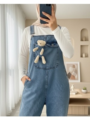 Moda Morfo Ayıcık Detaylı Askılı Yanları Düğmeli Kot Tulum  -Buz Mavi