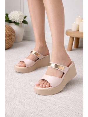 Melinta Shoes Melinta Gold Kemerli Dolgu Topuk Terlik