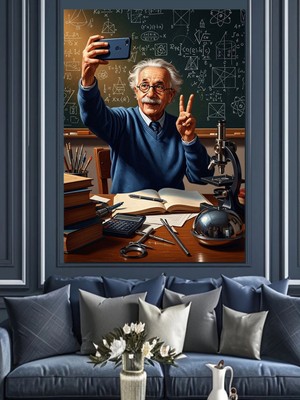Özgürce Mikroskop ve Selfie Çeken Einstein Temalı Dekoratif Kanvas Tablo