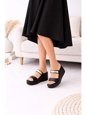 Melinta Shoes Melinta Gold Kemerli Dolgu Topuk Terlik