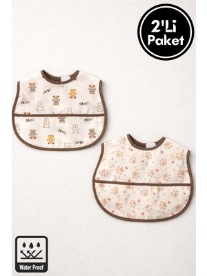 Miniel Unisex Bebek Baskılı Kolsuz Cep Detaylı Cırt Cırtlı Sıvı Geçirmez 2'li Mama Önlüğü 6-36 Ay
