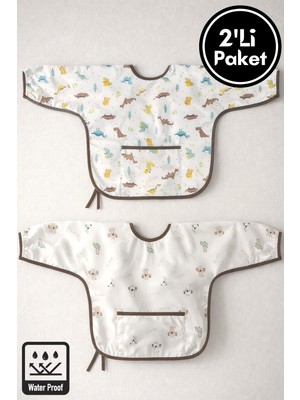 Miniel Unisex Bebek Baskılı Uzun Kollu Cep Detaylı Bağlamalı Sıvı Geçirmez 2'li Aktivite Önlüğü 6-36 Ay