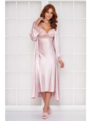 Pierre Cardin Pudra Uzun Saten Sabahlık Gecelik Set 4370