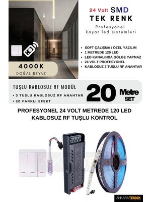 Tavan Akışkan Kayar LED Sistemi 3 Tuşlu Rf Kontrol Kayar LED Sistemi | 24 Volt Smd 120LED/MT.