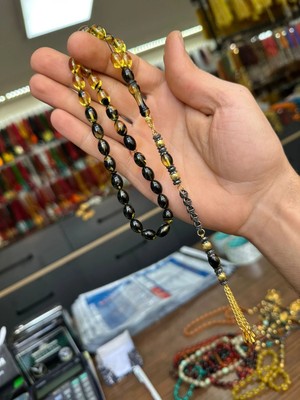 Dergah Tesbih Özel Püsküllü Ateş Kehribar Tesbih 7-11MM Hareli Sarı & Siyah + Ahşap Hediyelik Tesbih Kutusu