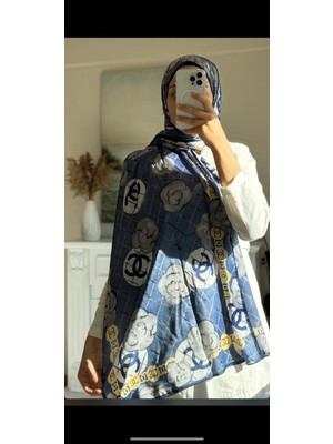 Buscarfs Lacivert Çiçek Desen Ipek Şal