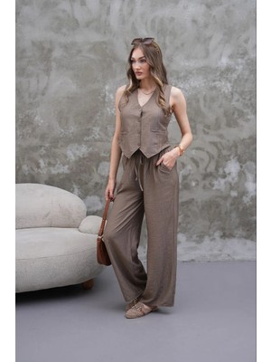 Elaxi Kadın Ithal Çilek Modal Dokuma Yelek ve Boru Paça Pantolon Takım