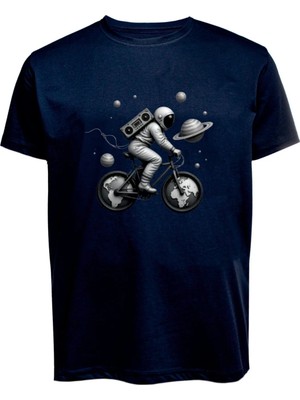 Unisex Uzay Astronot ve Bisiklet Baskılı Tişört Pamuk Penye Süprem Basic