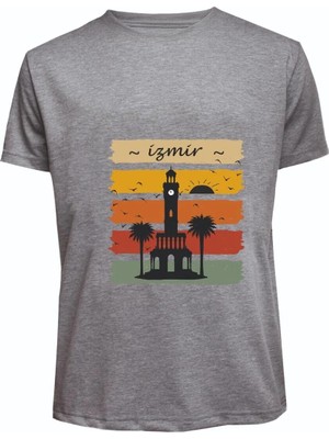 Izmir Saat Kulesi Baskılı Compact Penye Tişört Unisex Rahat Kullanım