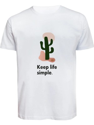 Unisex Keep Life Simple Kaktüs Baskılı Tişört Pamuk Penye Süprem Basic