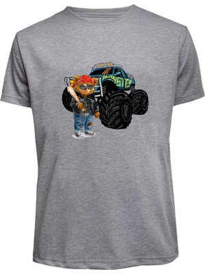Unisex Canavar Araç (Monster Truck ) ve Ayı Baskılı Tişört Pamuk Penye Süprem Basic