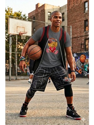 Unisex Basketbolcu Cool Ayıcık Baskılı Tişört Pamuk Penye Süprem Basic